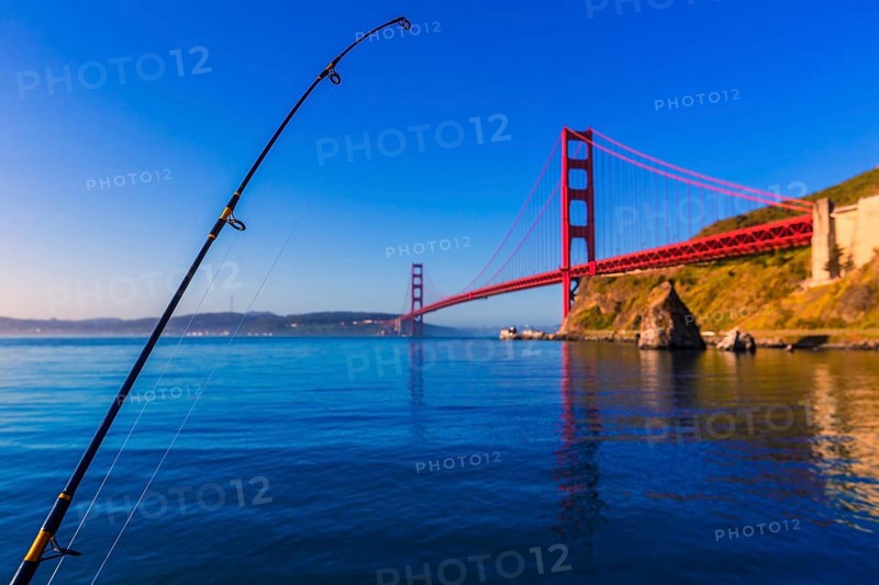 San Francisco Golden Gate Bridge with fishing rod California USA