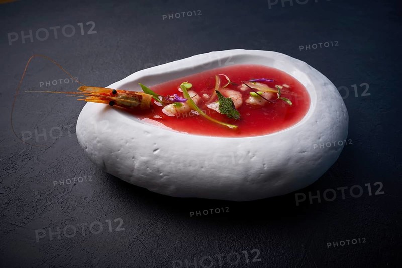 Mediterranean gazpacho tomato soup with seafood