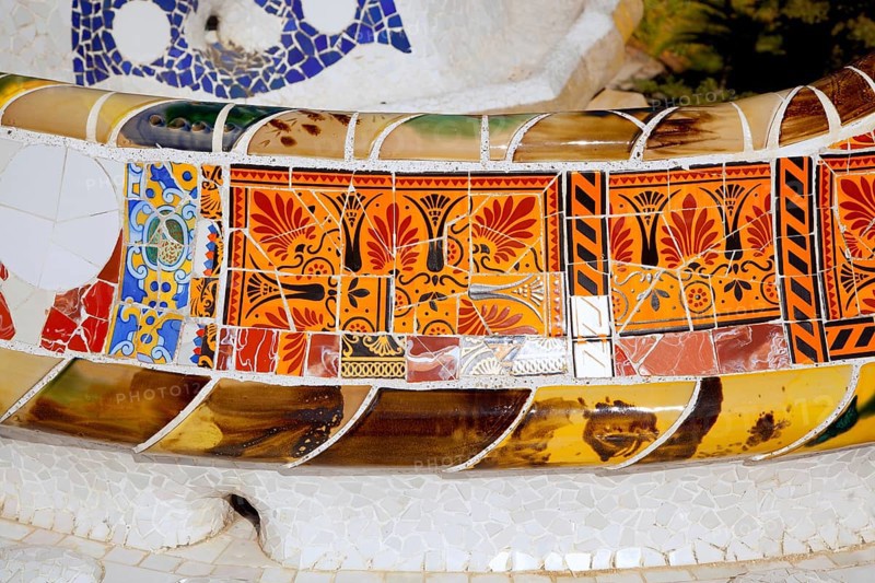 Barcelona Park Guell of Gaudi tiles mosaic serpentine bench modernism
