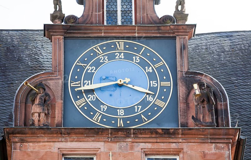 Gabel with a clock, Renaissance Tower, historic Town Hall, Marburg, Hesse, Germany, Europe, Uhrgiebel am Renaissance Turm, historisches Rathaus, Marburg, Hessen, Deutschland, Europa, Europe