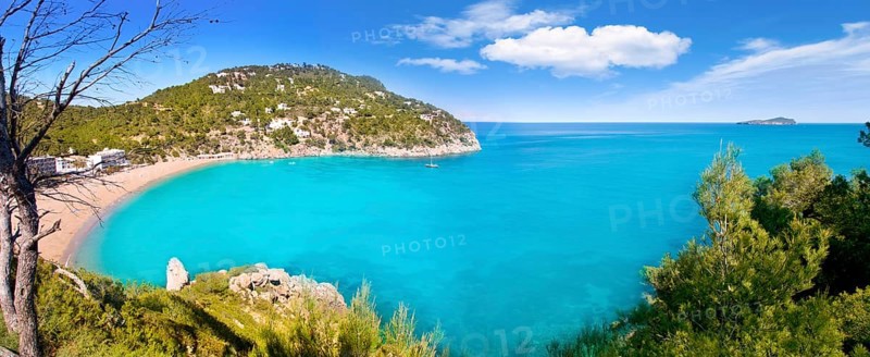 Aerial view of Caleta de Sant Vicent in Ibiza island cala de san Vicente