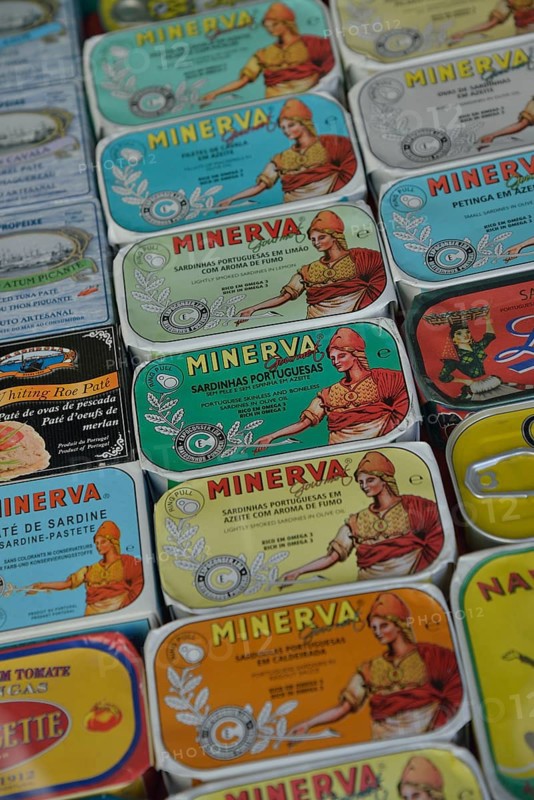 Typical Portuguese sardine cans in a deli, Alfama, Lisbon, Lisbon District, Portugal, Europe