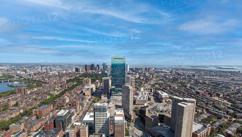 Panoramic aerial view of Boston financial district, historic center, Beacon Hill and Charles River