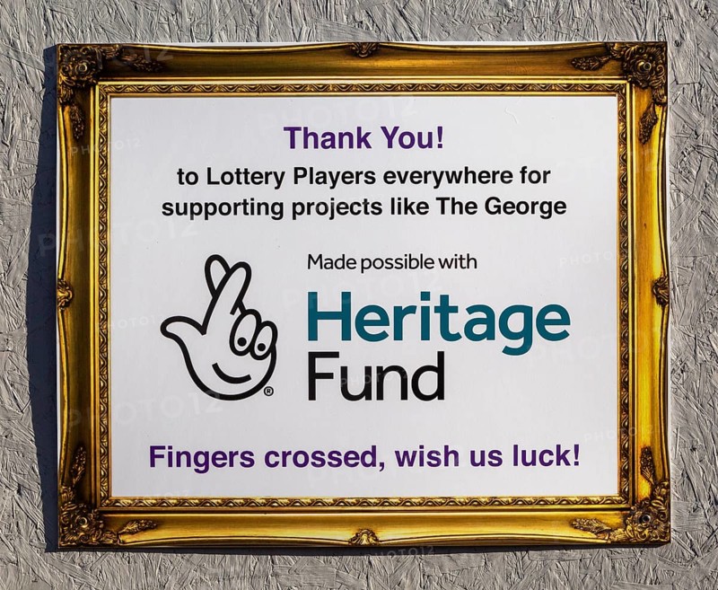 Heritage Fund information about rebuilding the The George pub, Wickham Market, Suffolk, England, UK, Thank You Lottery players
