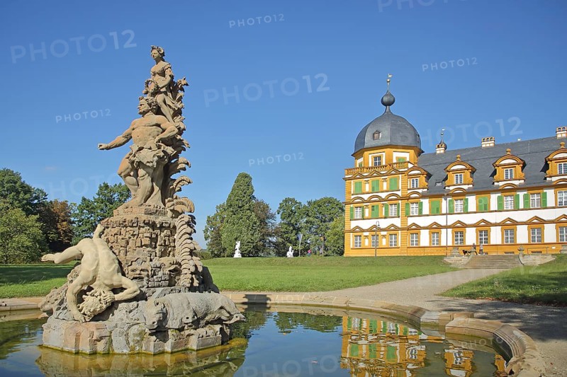 Baroque fountain built 1771 with sculptures, water basin, hunting lodge, Seehof Castle, Memmelsdorf, Upper Franconia, Franconia, Bavaria, Germany, Europe