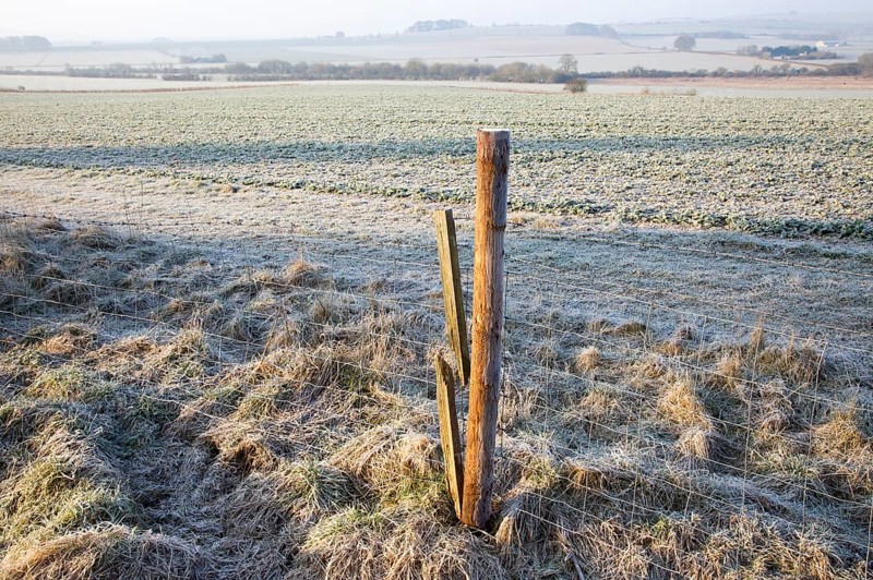 Frosty morning landscape looking south west from Windmill Hill, Avebury, Wiltshire, England, UK toward Cherhill monument