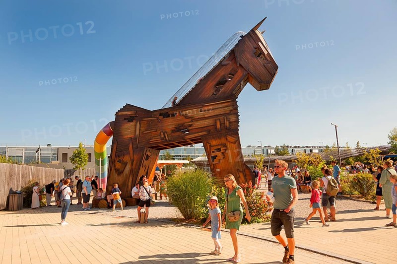 Trojan horse, accessible for children, during Cavalluna summer camp, at SHOWPALAST MÜNCHEN, the stage for shows with horsemanship, artistry, dance and music. Munich, Bavaria