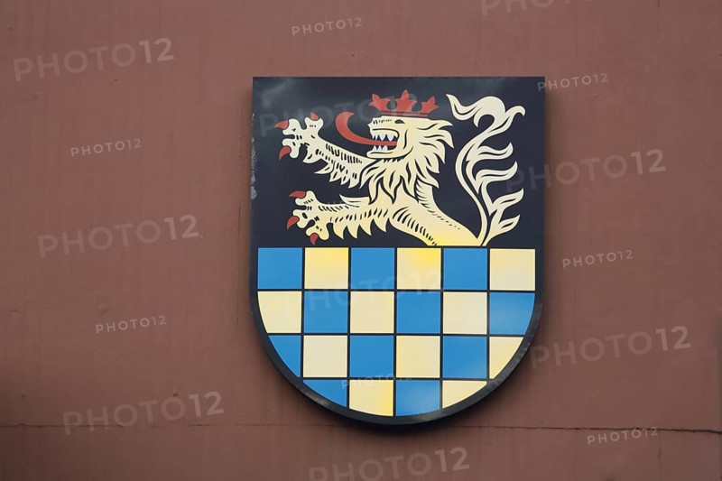 City coat of arms with lion figure and crown, district administration, Bad Kreuznach, Rhineland-Palatinate, Germany, Europe
