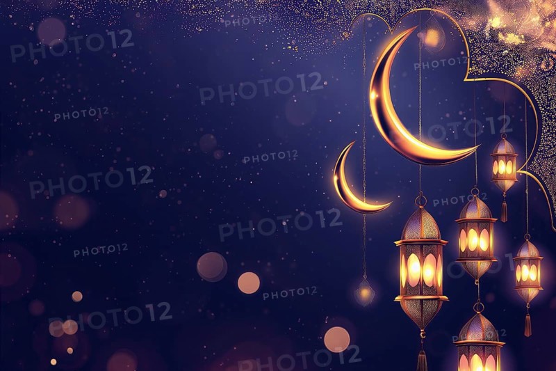 The essence of Ramadan with golden lanterns illuminating the dark night, adorned by a crescent moon and sparkling stars, AI generated