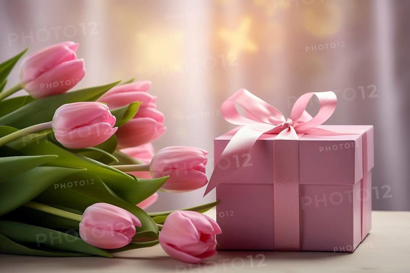 Gift Box with Pink Ribbon Beside bouquet of Fresh Tulips on Bokeh Background. Good for Valentine day, March 8, mother day, spring holidays, birthday designs, AI generated