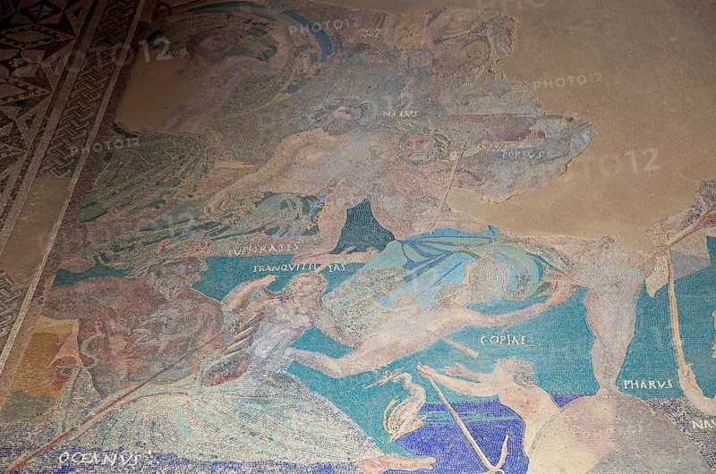 Cosmology mosaic, Casa del Mitreo Roman villa site, Merida, Extremadura, Spain, Europe