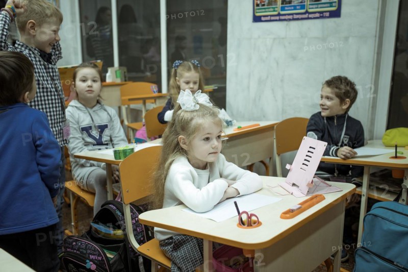 Pupils in a classroom in one of the metro schools in Kharkiv. Classrooms were set up in various metro stations in the city in order to keep classes running even during an air raid, Metro Universytet, Kharkiv, Ukraine, Europe