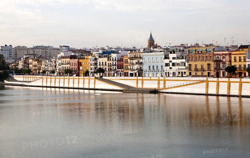 Historic houses on Calle Betis in the Triana district on the banks of the Guadalquivir river, Seville, Spain, Europe