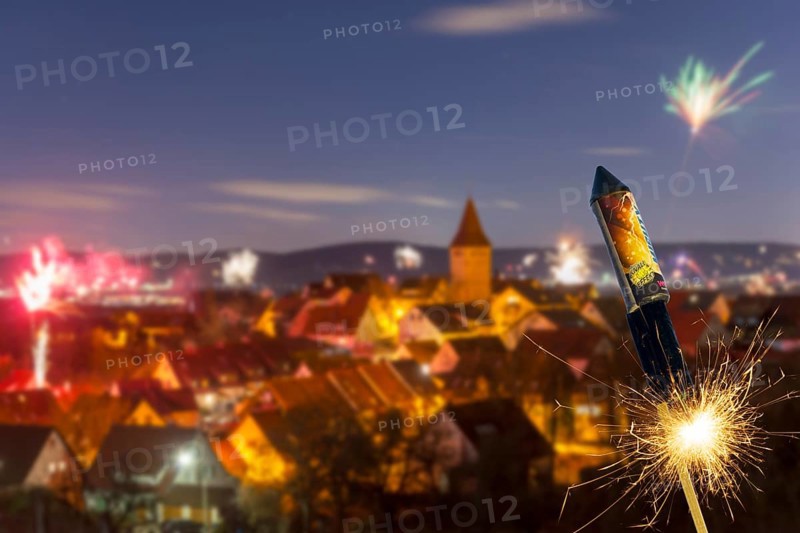 Photomontage, Ignited rocket, fireworks on New Year's Eve, view of Korb-Steinreinach in the Rems valley, church tower, Rems-Murr district, Baden-Württemberg, Germany, Europe
