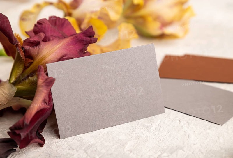 Gray business card with iris flowers on gray concrete background. side view, copy space, still life. Breakfast, morning, spring concept