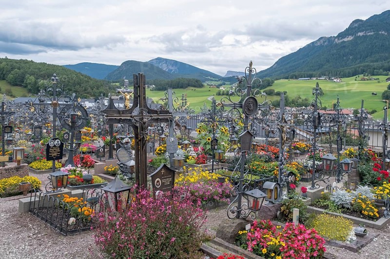 Cemetery with wrought-iron grave crosses, Castelrotto South Tyrol Italy