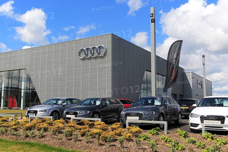 Audi logo sign car showroom building, Ipswich, Suffolk, England, UK