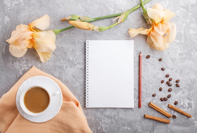 Orange iris flowers and a cup of coffee with notebook on a gray concrete background. Morninig, spring, fashion composition. Flat lay, top view, copy space