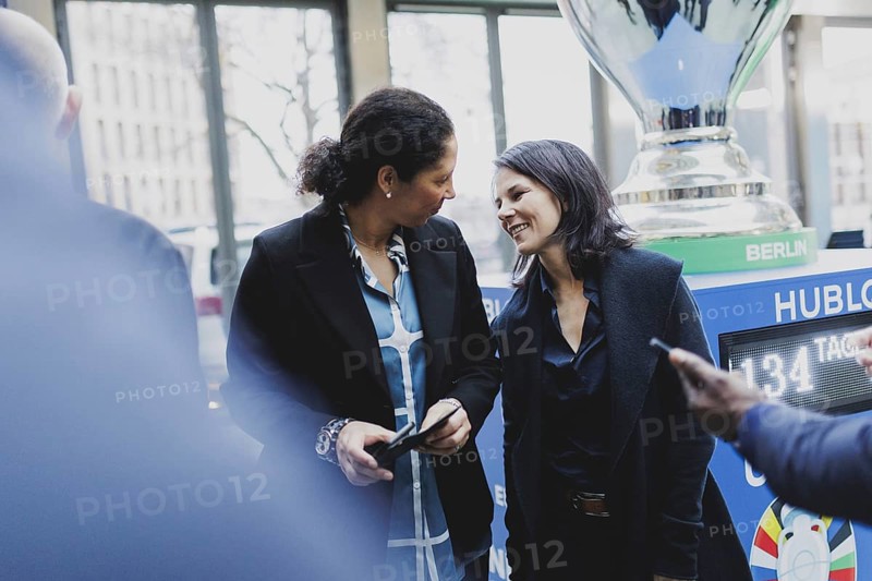 (R-L) Annalena Bärbock (Alliance 90/The Greens), Federal Foreign Minister, and Steffi Jones, former professional footballer, photographed at the kick-off event for the European Football Championship in Berlin, 1 February 2024 / Photographed on behalf of the Federal Foreign Office