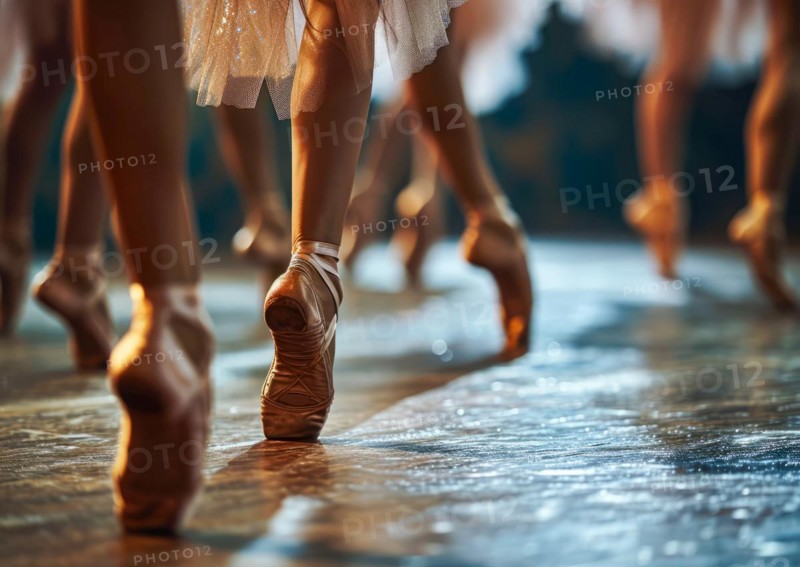 Ballet dancers and ballerinas performing ballet practice in art studio and standing in pointe shoes, AI generated