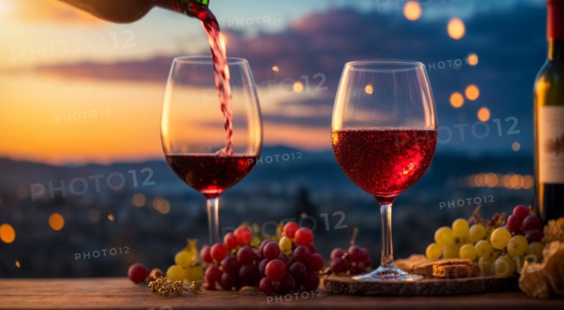 Red and white wine tasting at winery fields and grapevines, AI generated