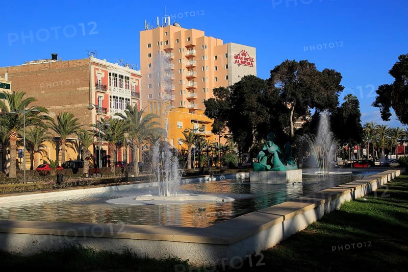 Water fountain in small park garden near Gran Hotel Almeria in the city centre of Almeria, Spain, Parque de Nicolás Salmerón, Europe