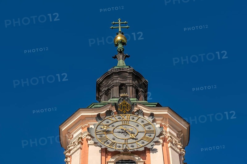 Tower with tower clock, Birnau pilgrimage church, Uhldingen-Mühlhofen, Lake Constance, Baden-Württemberg, Germany, Europe
