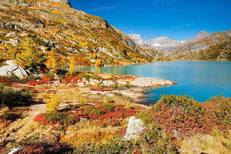 Autumn colours at Lac d'Emosson in the Valais mountains, Switzerland, Europe