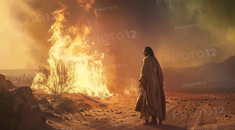 Moses looking at the burning bush. Bible stories and miracles, god manifestation, AI generated
