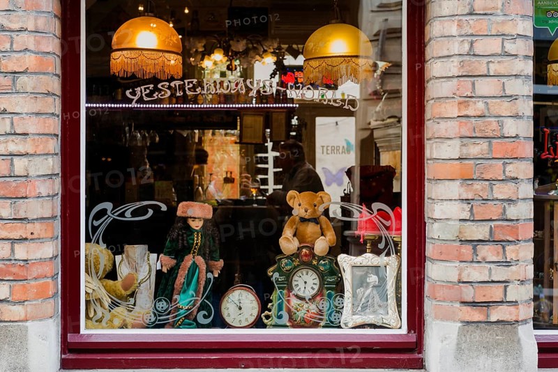 Window of a junk shop, vintage, history, junk, old, antique, junk shop, window dressing, Bruges, Belgium, Europe