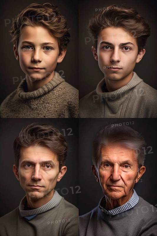 Age progression of a hansome young man through his older years of life, generative AI, AI generated