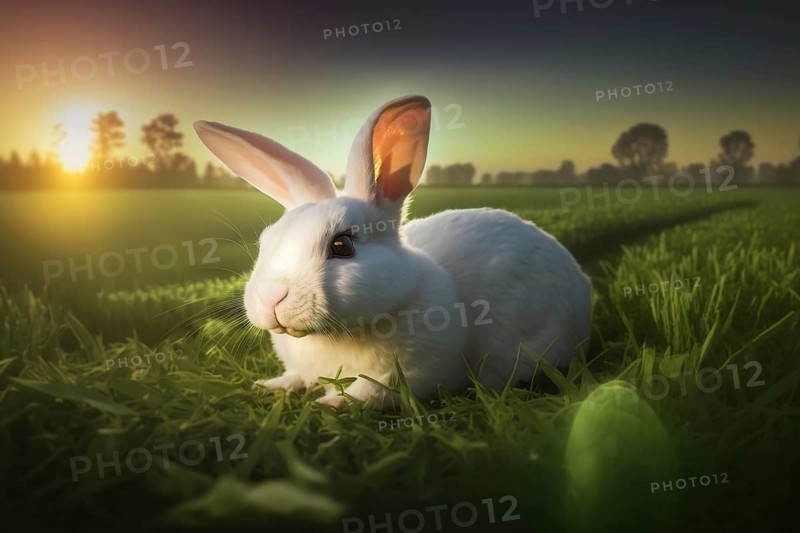 Cute white easter bunny rabbit sitting in the grass field, generative AI, AI generated