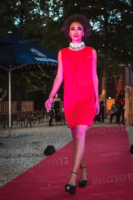 Model at Harald Glööckler's first Fashion Night for his new fashion collection Teuber by HARALD GLÖÖCKLER at Loretta am Wannsee in Berlin on 28 June 2024