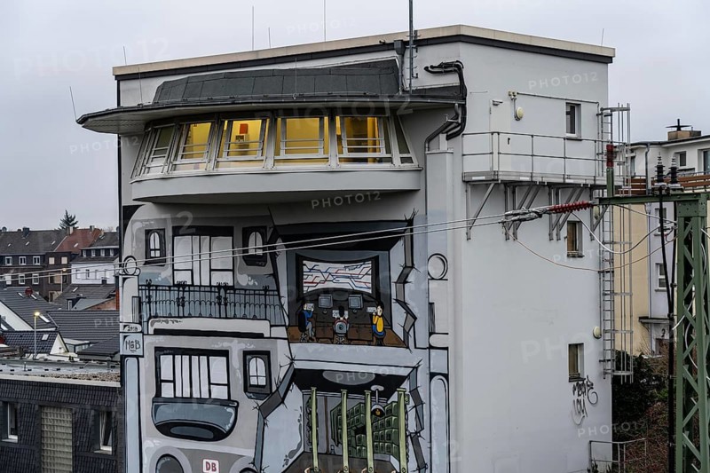 The Deutsche Bahn AG signal box in Mülheim-Styrum, controls train traffic on one of the busiest railway lines in Germany, between Essen and Duisburg, suburban trains, regional trains, ICE and IC long-distance trains and freight traffic, North Rhine-Westphalia, Germany, Europe