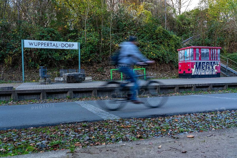 The Nordbahntrasse, a cycle path, footpath, on a former 22 KM long railway line, along the west-east axis of Wuppertal, on the northern slope, with many tunnels, viaducts and views of the city, old railway platform, Wuppertal, North Rhine-Westphalia, Germany, Europe