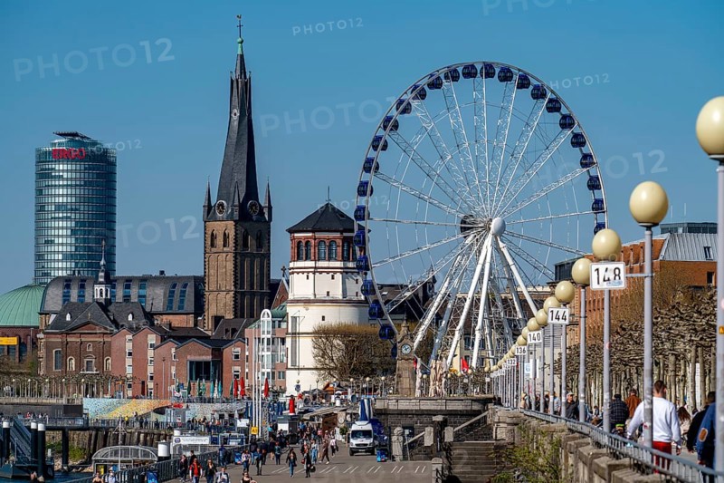 Rhine promenade in Düsseldorf, Ferris wheel, old castle tower, St Lambert's basilica, old town, spring, ERGO Versicherung tower block, North Rhine-Westphalia, Germany, Europe