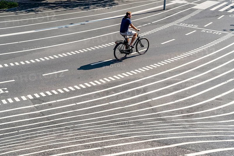 The Nørrebro district in Copenhagen, lively, multicultural and student neighbourhood, Superkilen Park, Den Sorte Plads, square designed with white lines, playgrounds, cultural facilities, sports equipment, cycle path, Denmark, Europe
