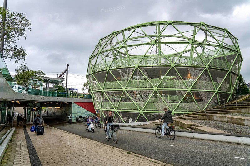 The Fiestappel, bicycle car park for over 900 bicycles, in a stylised apple shape, in Alphen aan den Rijn, directly at the railway and bus station, as well as on a central cycle path, Netherlands