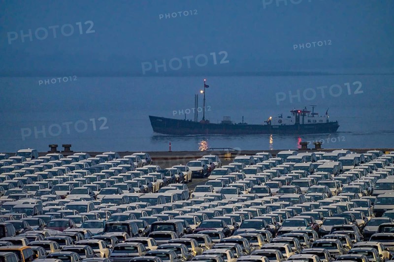 Parking space for import vehicles, hundreds of Hyundai Ioniq, electric cars, waiting for onward transport, ship on the Weser, at the EUROGATE container terminal in the overseas harbour of Bremerhaven, Lower Saxony, Germany, Europe