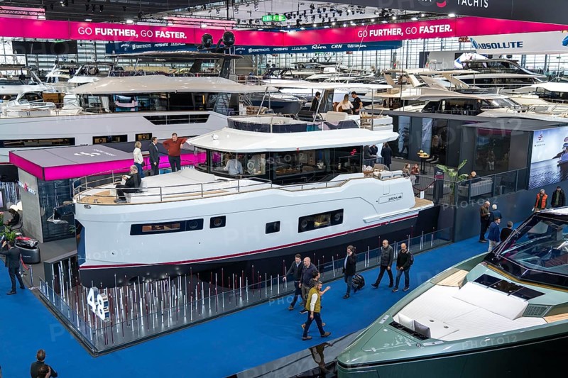 Large yachts, luxury yachts, in Hall 6 of BOOT 2024, the world's largest yacht and water sports trade fair in Düsseldorf, North Rhine-Westphalia, Germany, Europe