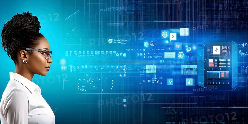 Black african american female it specialist engaged in analyzing data for cyber security, AI generated