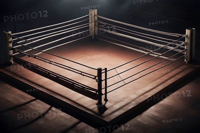 Empty boxing ring with ropes tightly stretched across the square corner, AI generated