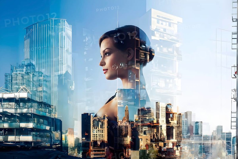 Digital representation of a multiple exposure photograph featuring a cyber human and an urban architecture, AI generated