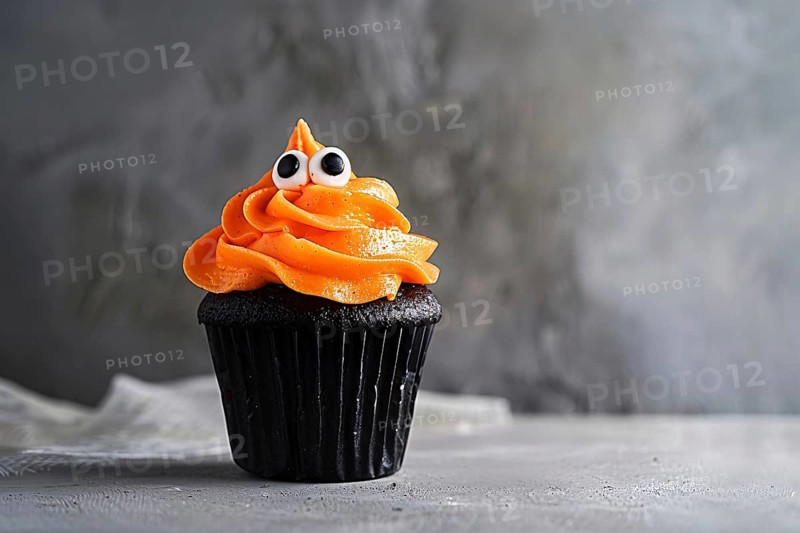 Halloween cupcake with orange colored frosting and funny monster eyes. Generative Ai, AI generated