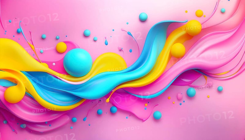 Abstract image with colorful yellow and turquoise blobs and liquid shapes on a pink background, AI generated