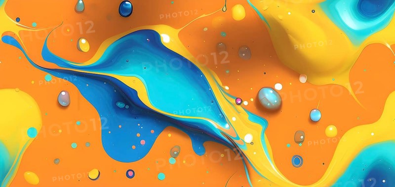 Abstract wallpaper with colorful turquoise and yellow blobs and liquid shapes on a orange background, AI generated
