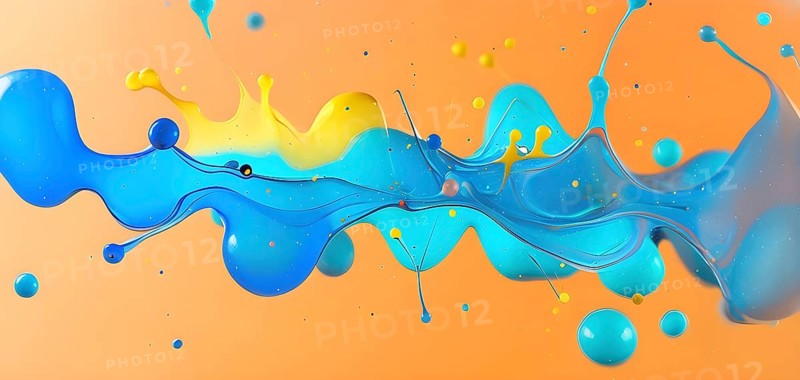 Abstract wallpaper with colorful turquoise and yellow blobs and liquid shapes on a orange background, AI generated
