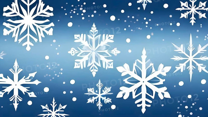 Abstract pattern of snowflakes in varying sizes and shapes in soft white and blue gradients, AI generated
