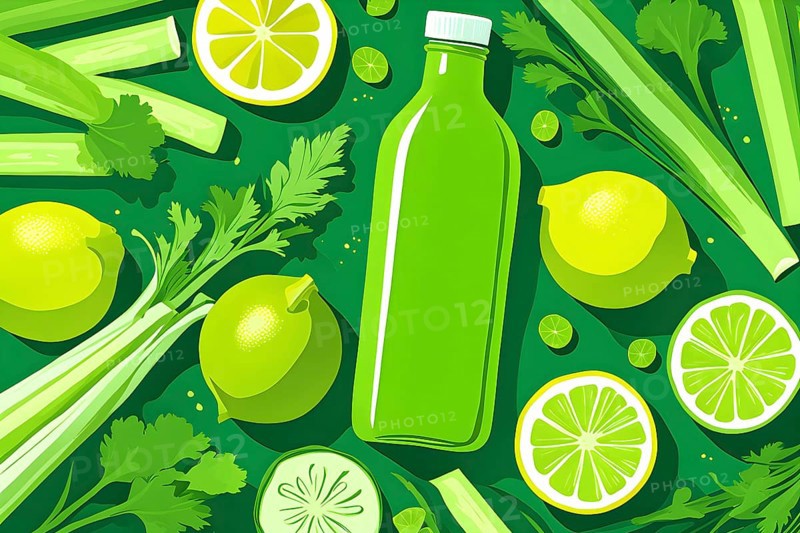 Abstract wallpaper composition with bottle of delicious green detox juice and fruits and vegetables, AI generated