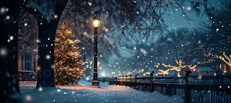 Christmas Eve with snowflakes fall under the light of a streetlamp with a decorated tree in the background, AI generated